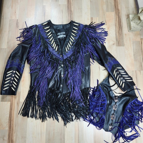 Halter Top‎ With Matching Pro-Rider Leather Fringe Jacket Bone Detail Studded M - Picture 1 of 15